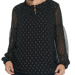 Isaac Mizrahi Live! Tie Neck Peasant Blouse with Metallic Details in Size 16/XL